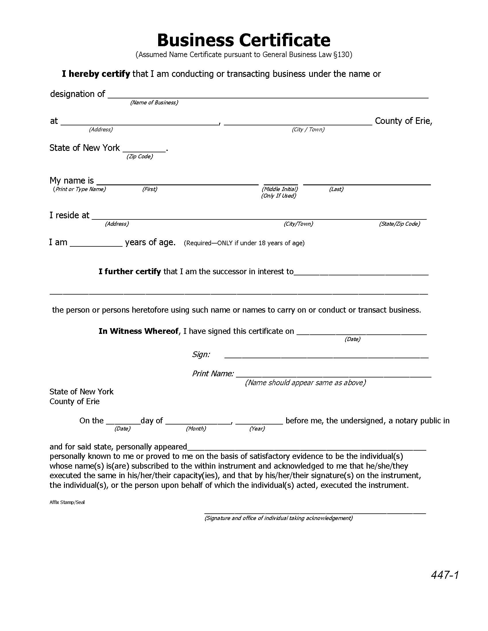 Business Certificate (Assumed Name Certificate Pursuant To GBL § 130) | Pdf Fpdf Docx | New York