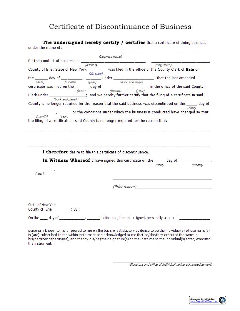 Certificate Of Discontinuance Of Business | Pdf Fpdf Docx | New York