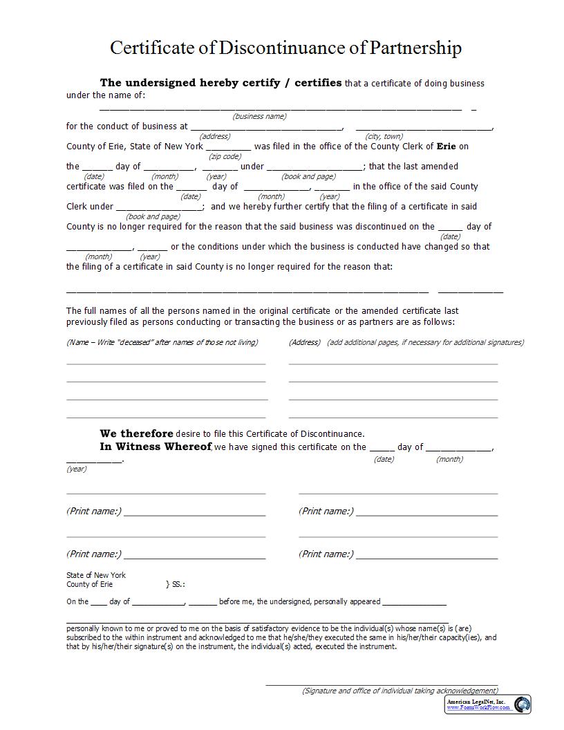 Certificate Of Discontinuance Of Partnership | Pdf Fpdf Docx | New York