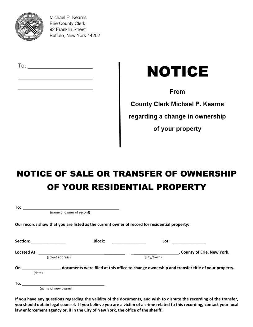 Notice Of Sale Or Transfer Of Ownership Of Residential Property | Pdf Fpdf Docx | New York