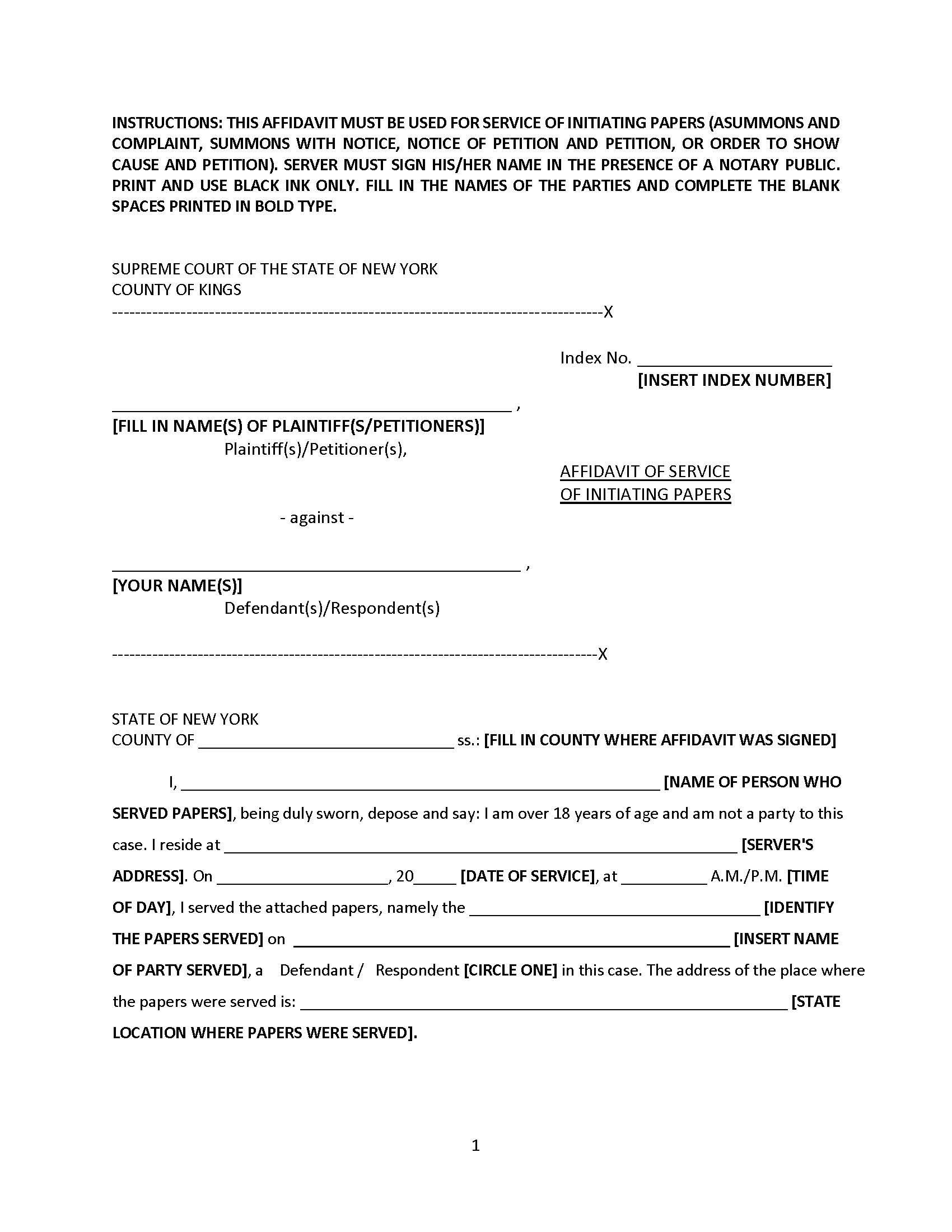 Affidavit Of Service Of Initiating Papers | Pdf Fpdf Docx | New York