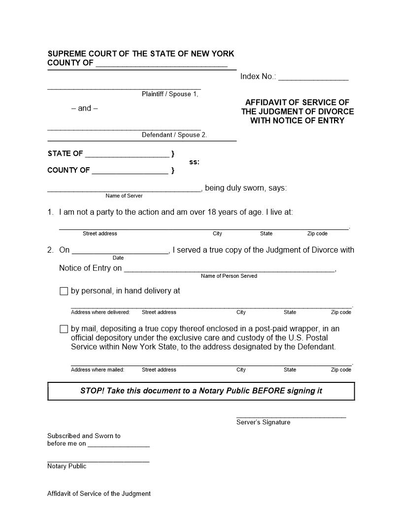 Affidavit Of Service Of Judgment Of Divorce With Notice Of Entry | Pdf Fpdf Docx | New York