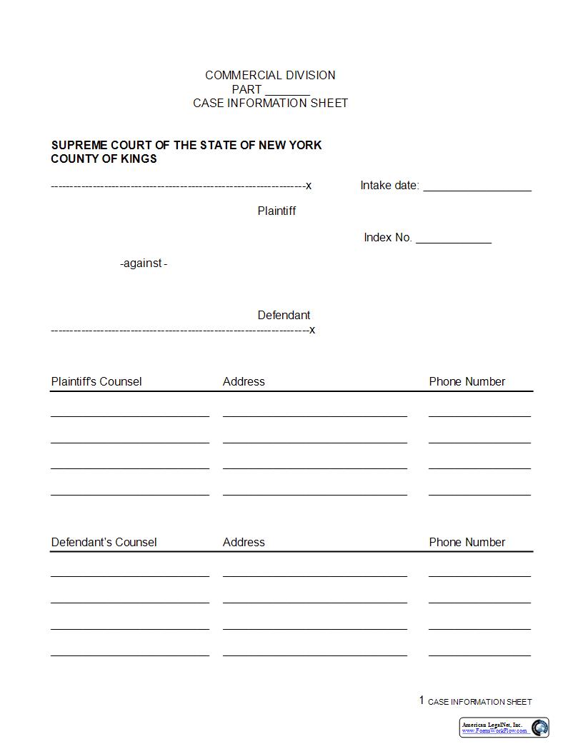 Case Information Sheet | Pdf Fpdf Docx | New York