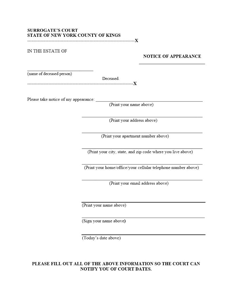 Notice Of Appearance (Surrogates Court Probate) | Pdf Fpdf Docx | New York