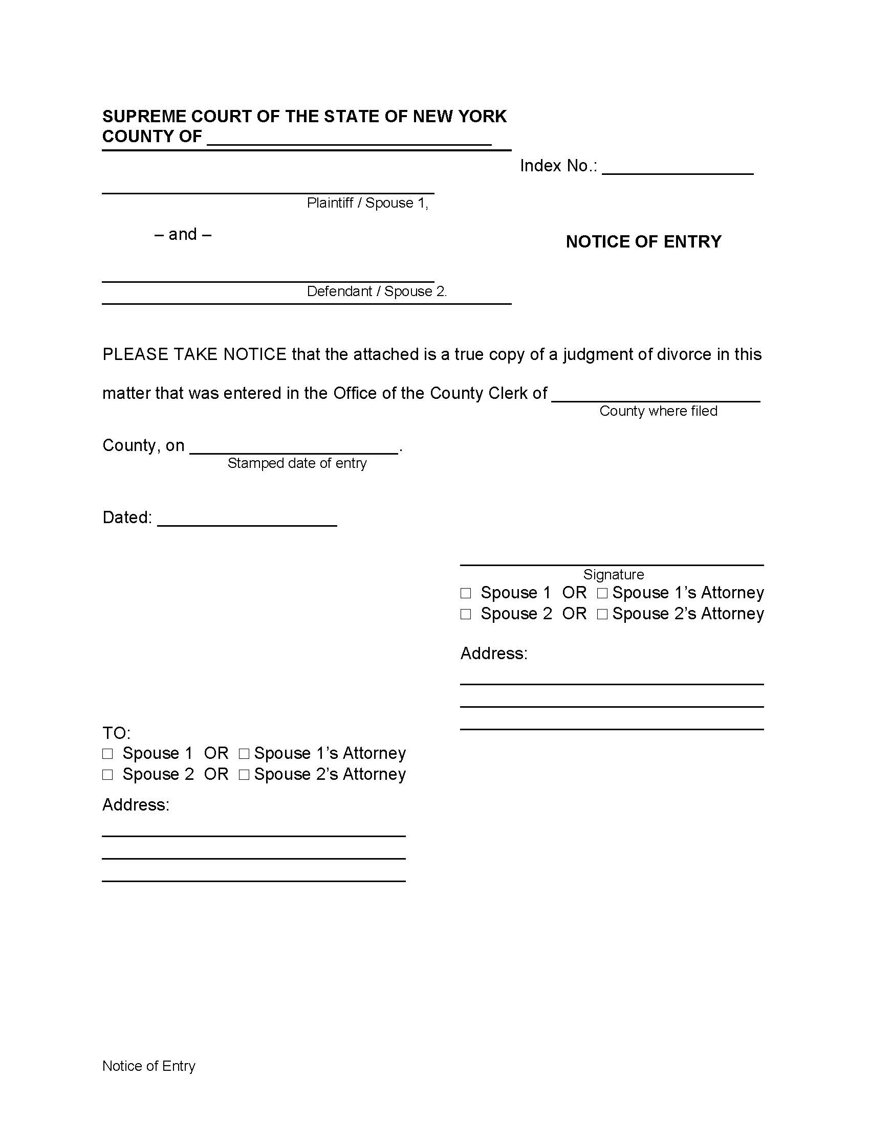 Notice Of Entry (Judgment Of Divorce) | Pdf Fpdf Docx | New York