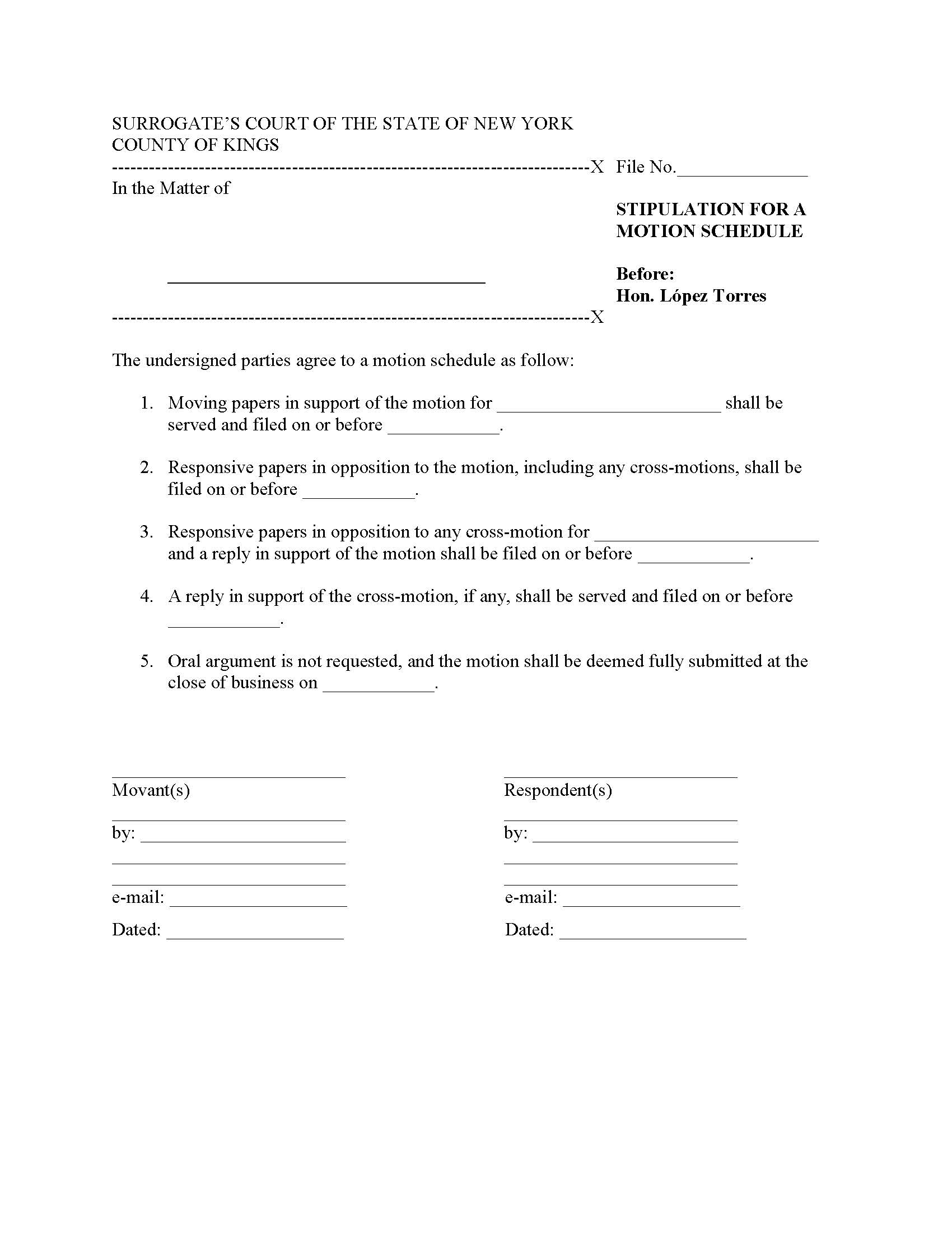 Stipulation For Motion Schedule (Surrogates Court - Kings - Judge Lopez Torres) | Pdf Fpdf Docx | New York