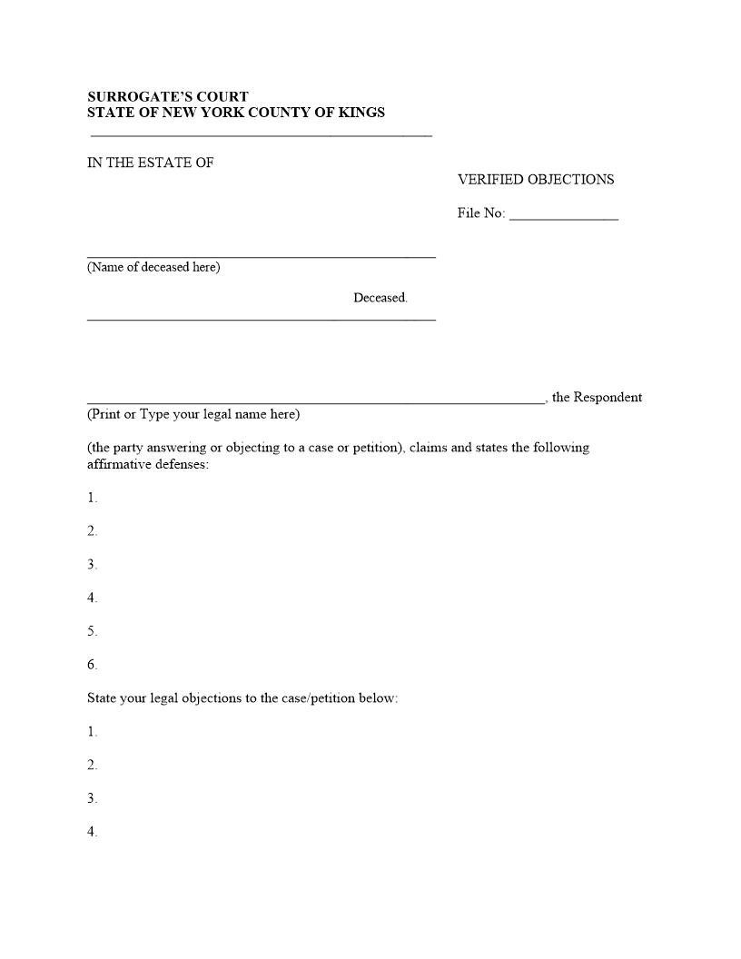 Verified Objections (Surrogates Court - Probate - Kings) | Pdf Fpdf Docx | New York
