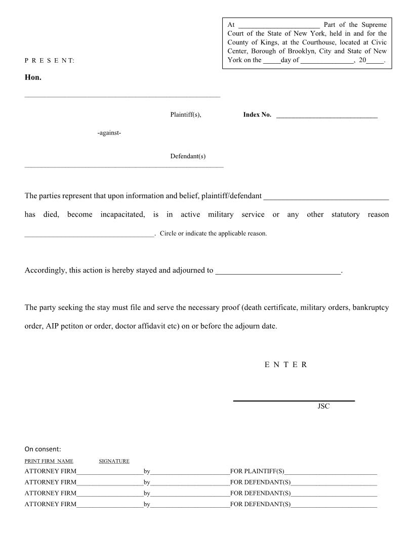 Discovery Stay Order (Death Incapacity Military Service Other Statutory Reason) | Pdf Fpdf Docx | New York