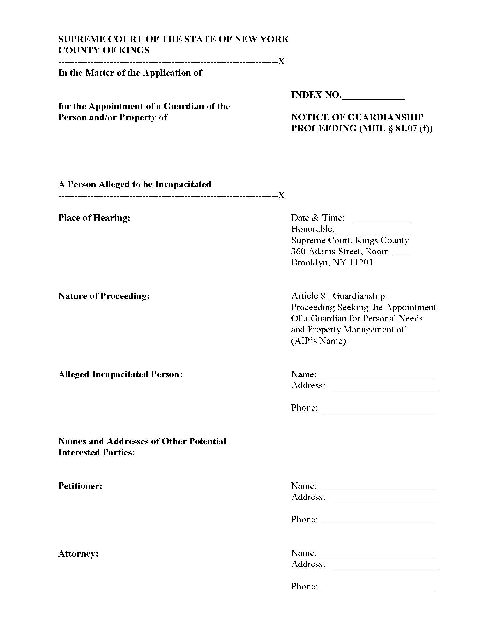 Notice Of Guardianship Proceeding | Pdf Fpdf Docx | New York