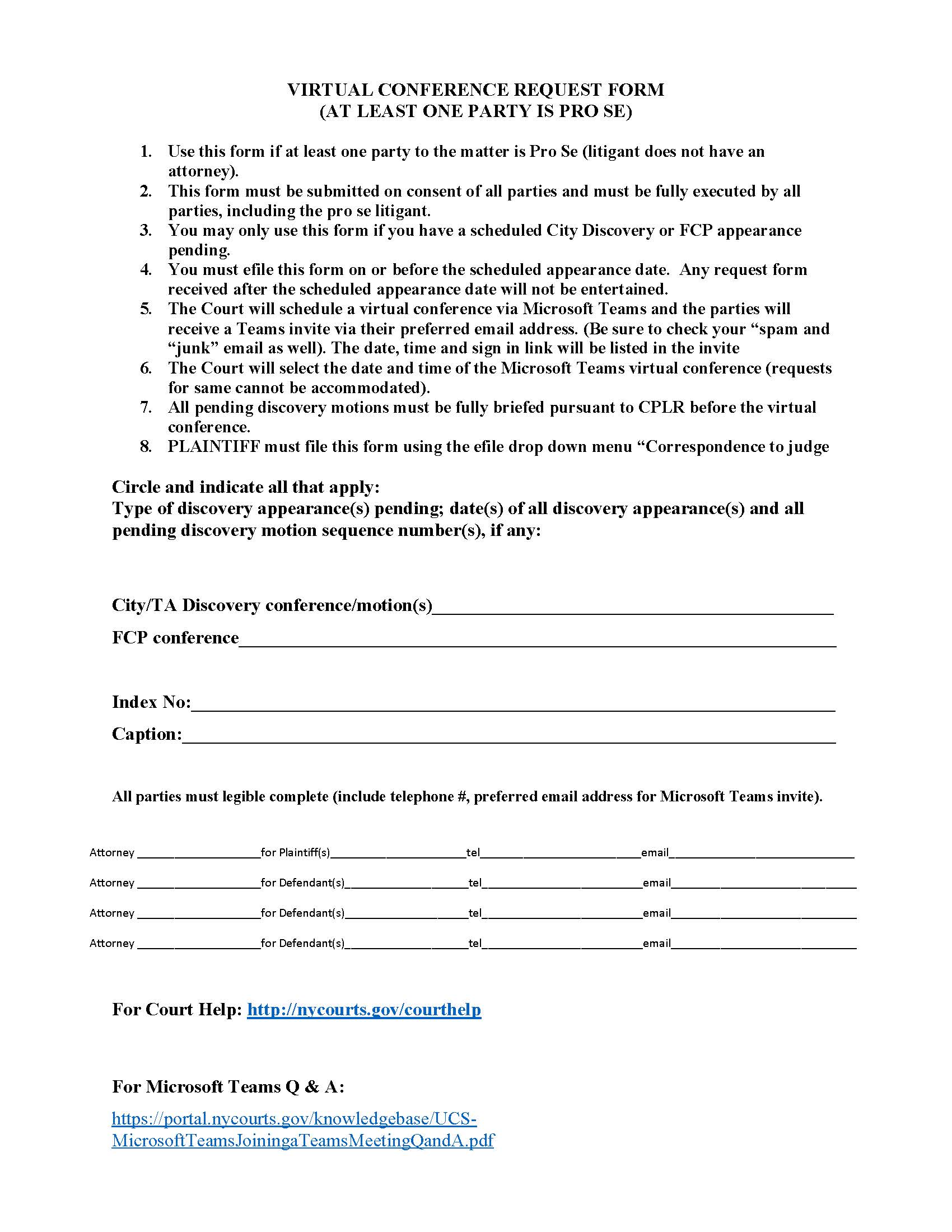 Virtual Conference Request Form (At Least One Party Is Pro Se) | Pdf Fpdf Docx | New York