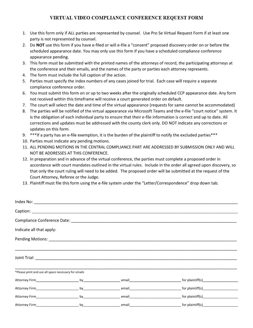 Virtual Conference Request Form CCP (All Parties Represented By Counsel) | Pdf Fpdf Docx | New York