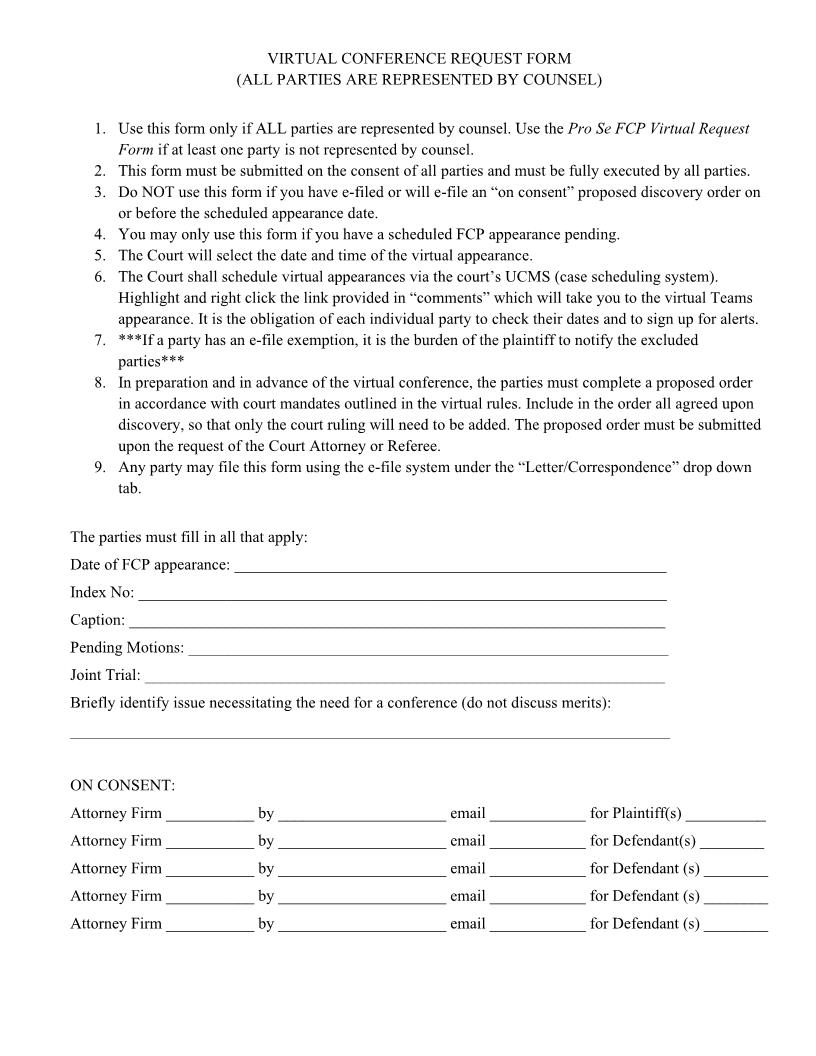 Virtual Conference Request Form FCP (All Parties Represented By Counsel) | Pdf Fpdf Docx | New York