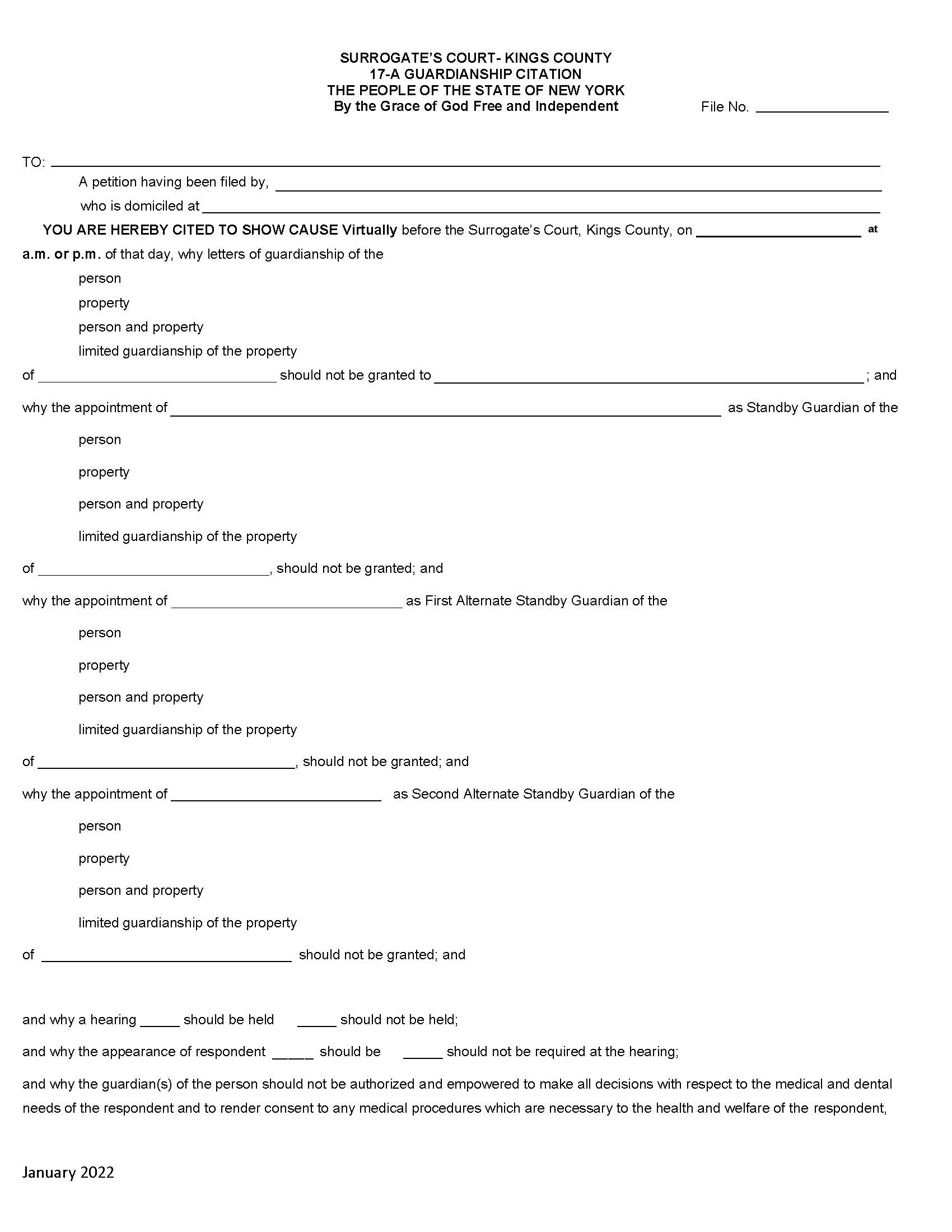 17-A Guardianship Citation {KIN 17A-GC} | Pdf Fpdf Docx | New York