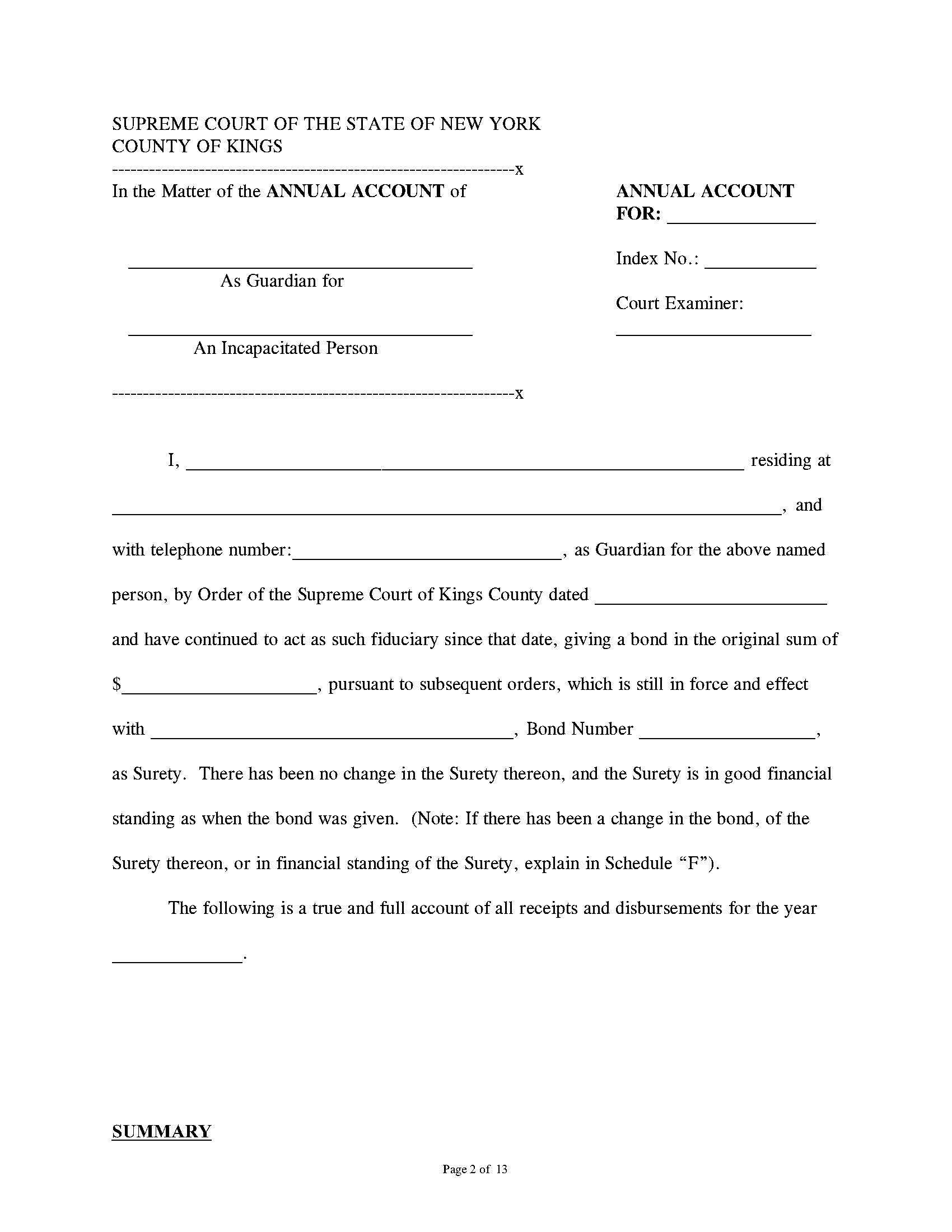 Annual Account (Guardian Of Property Of Incapacitated Person) | Pdf Fpdf Docx | New York