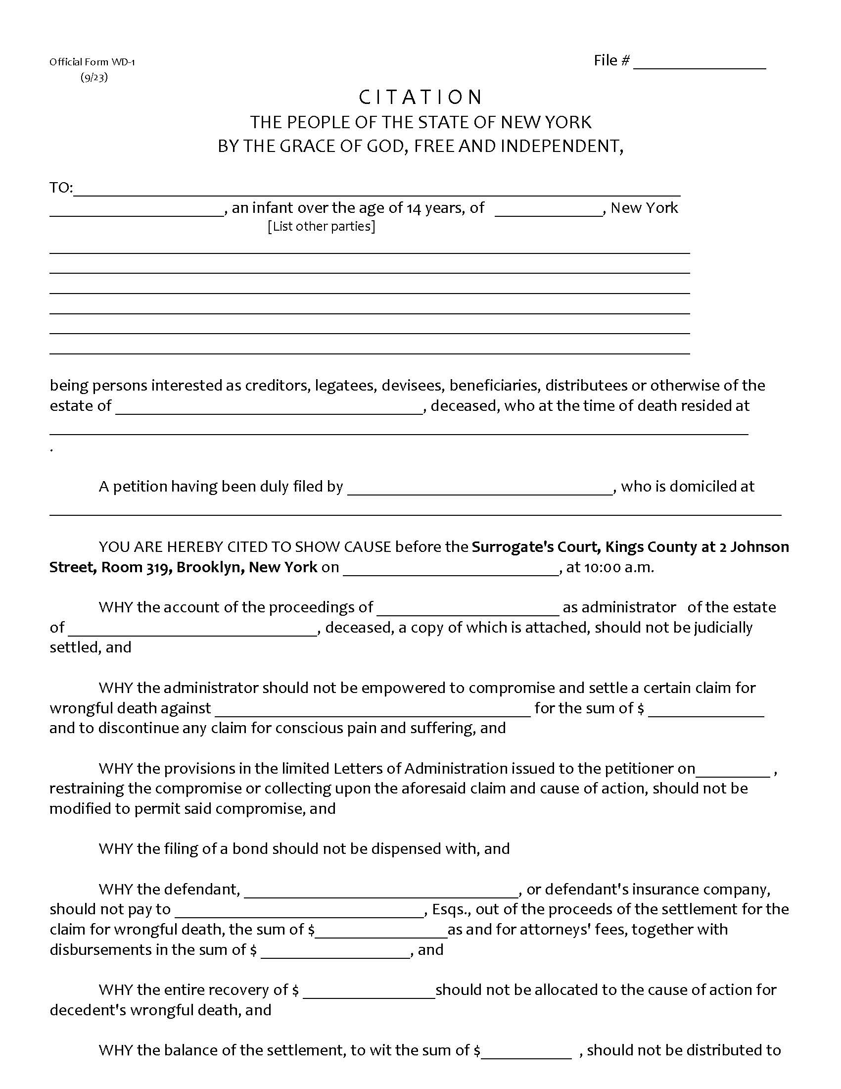 Citation (Wrongful Death) {KIN CWD} | Pdf Fpdf Docx | New York