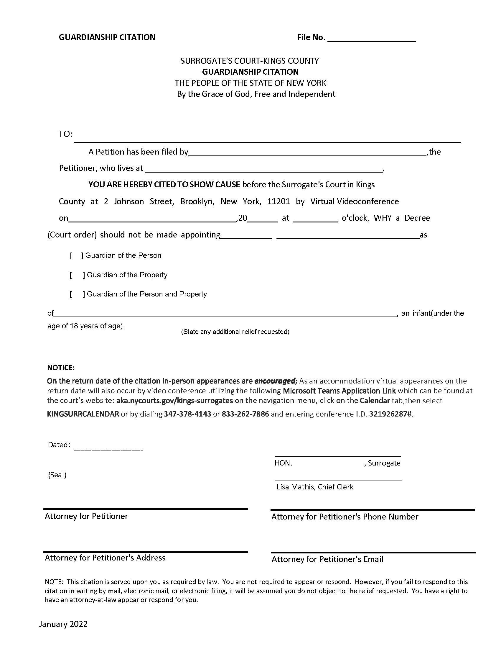 Guardianship (Infant) Citation {KIN GCI} | Pdf Fpdf Docx | New York