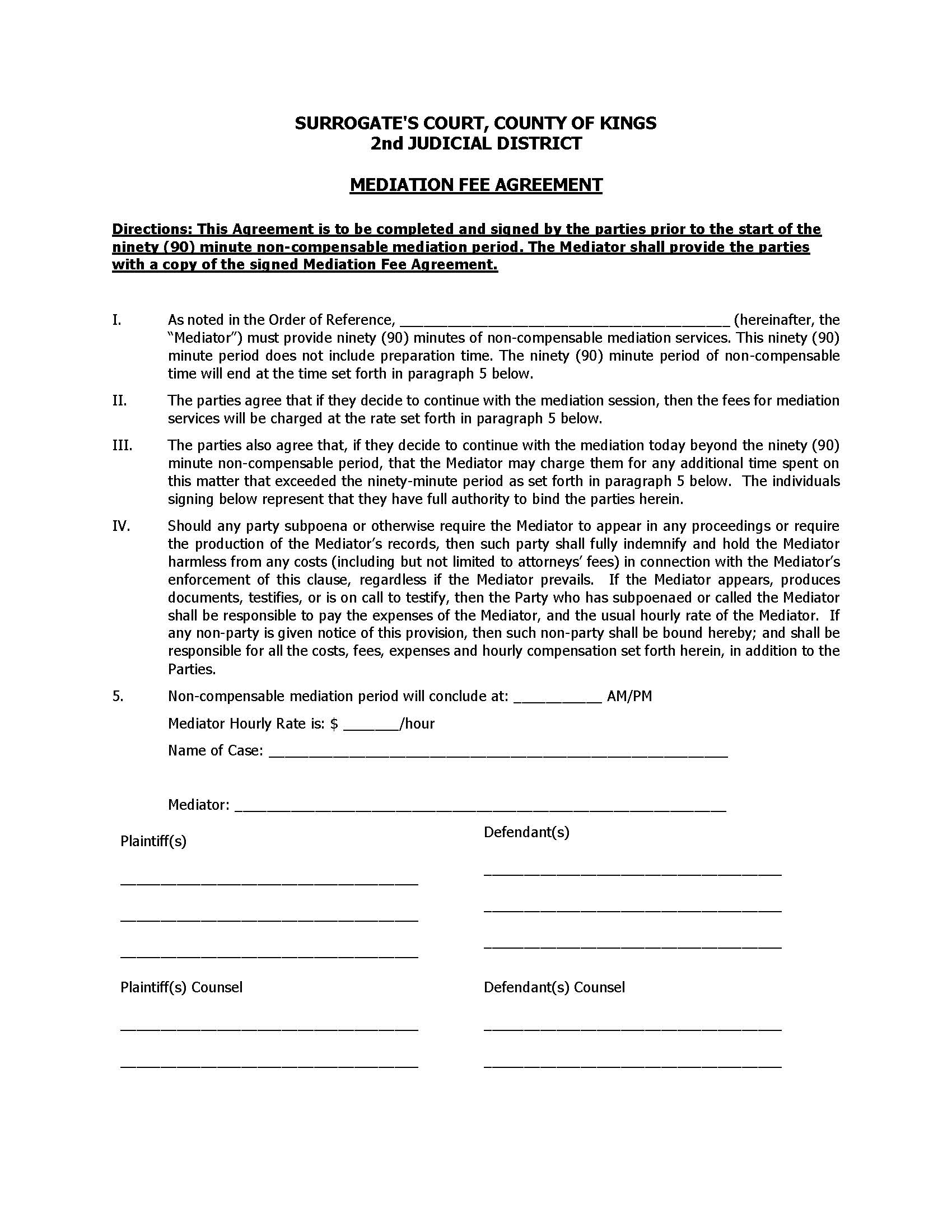 Mediation Fee Agreement {Ki MFA} | Pdf Fpdf Docx | New York