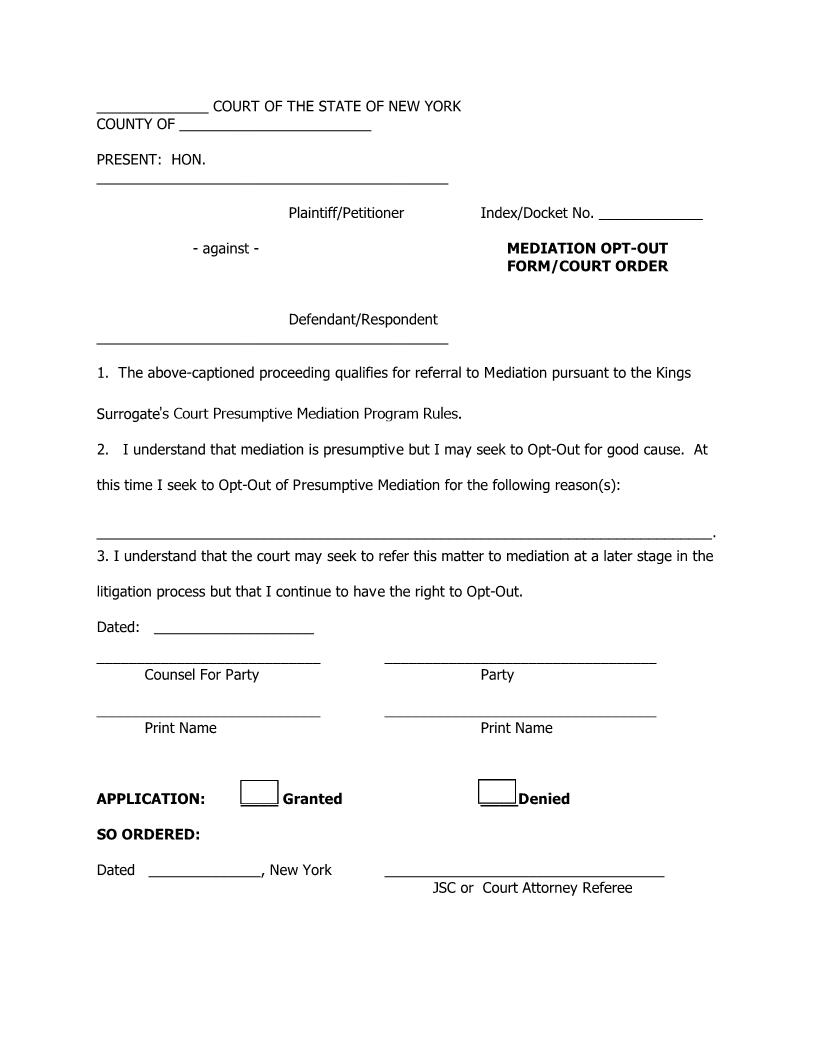 Mediation Opt-Out Form-Court Order {Ki MOO-CO} | Pdf Fpdf Docx | New York