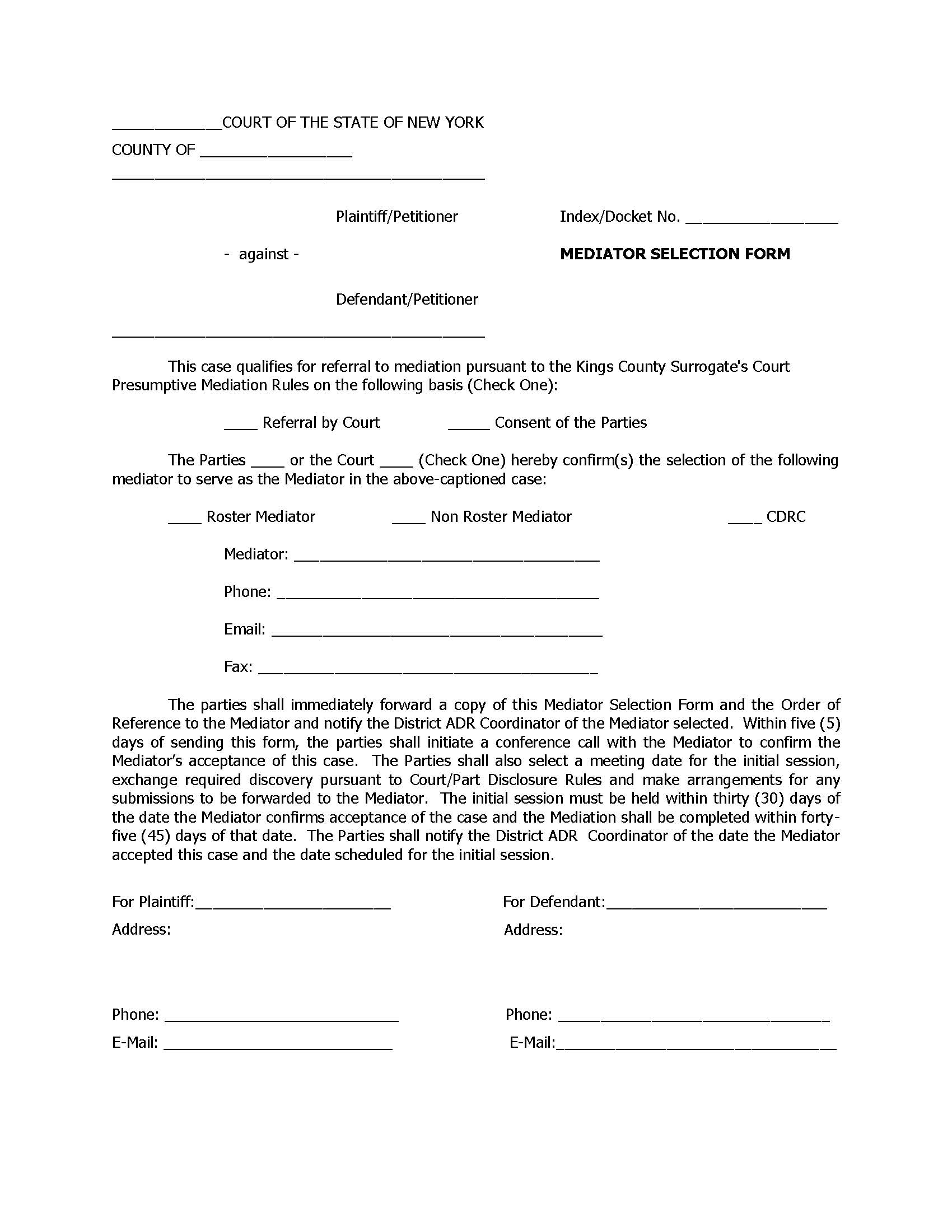 Mediation Selection Form {Ki MSF} | Pdf Fpdf Docx | New York