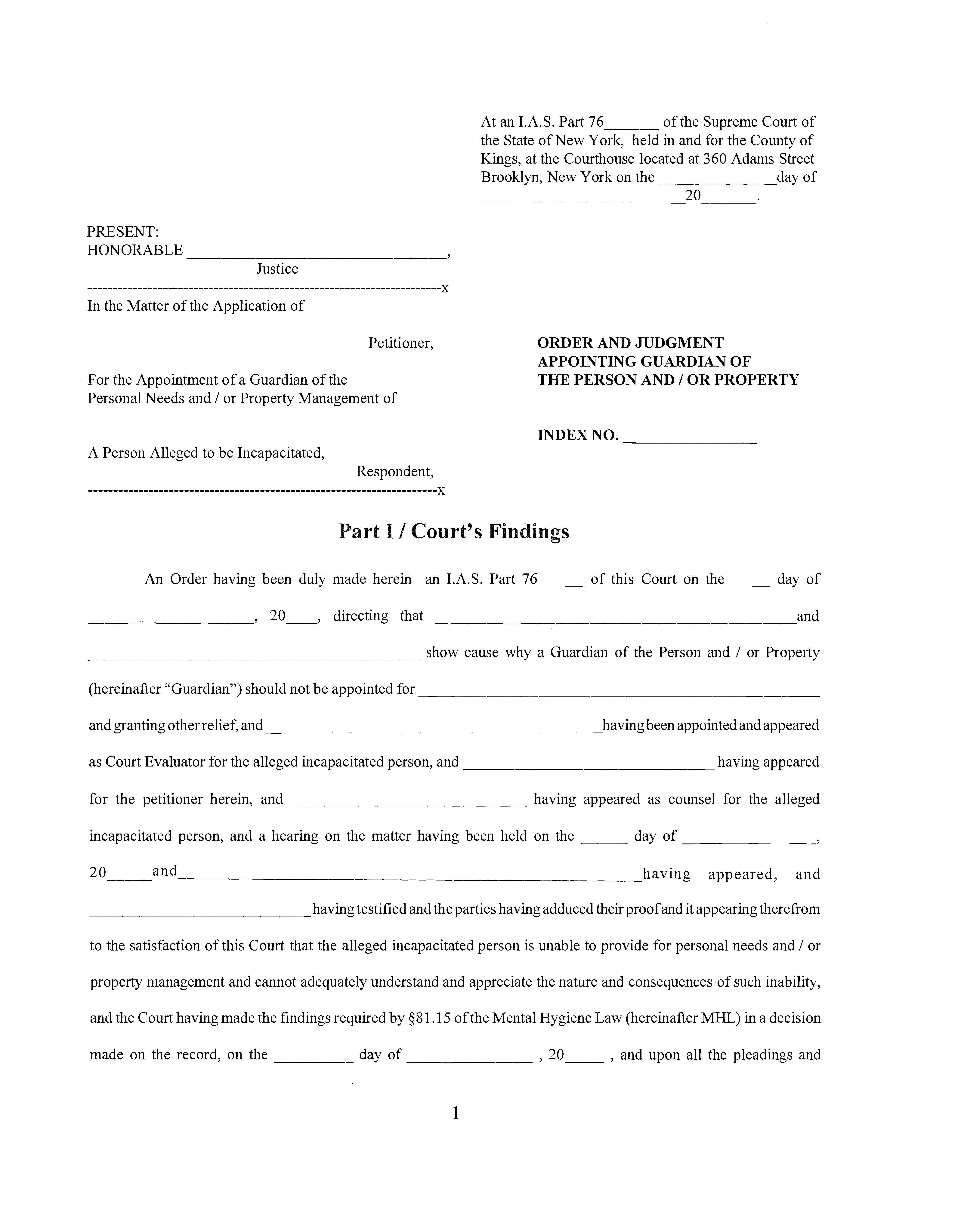 Order And Judgment Appointing Guardian Of Person And-Or Property | Pdf Fpdf Docx | New York
