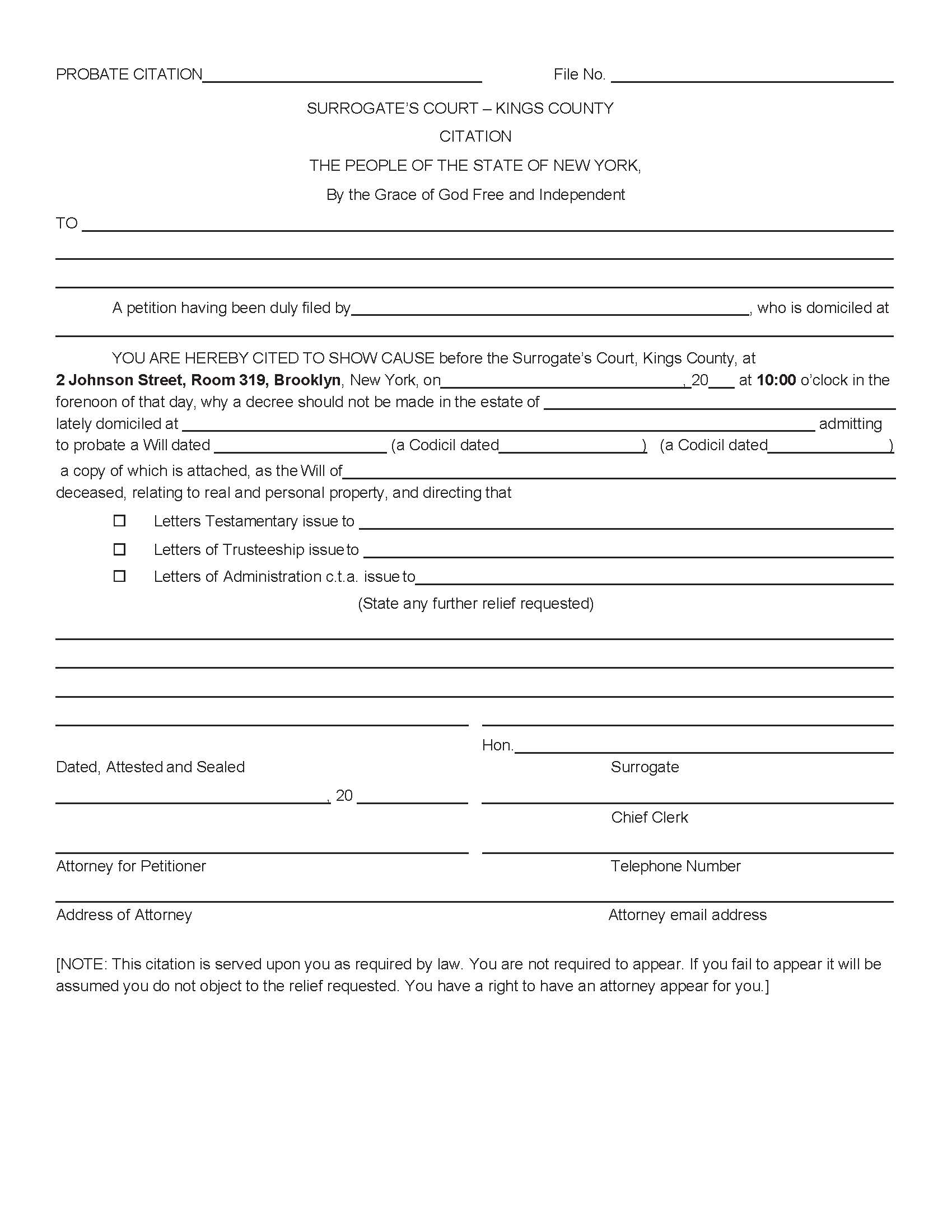 Probate Citation {KIN PC} | Pdf Fpdf Docx | New York