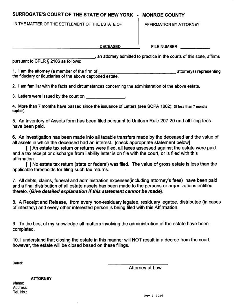 Affidavit By Attorney (Settlement Of Estate) | Pdf Fpdf Docx | New York