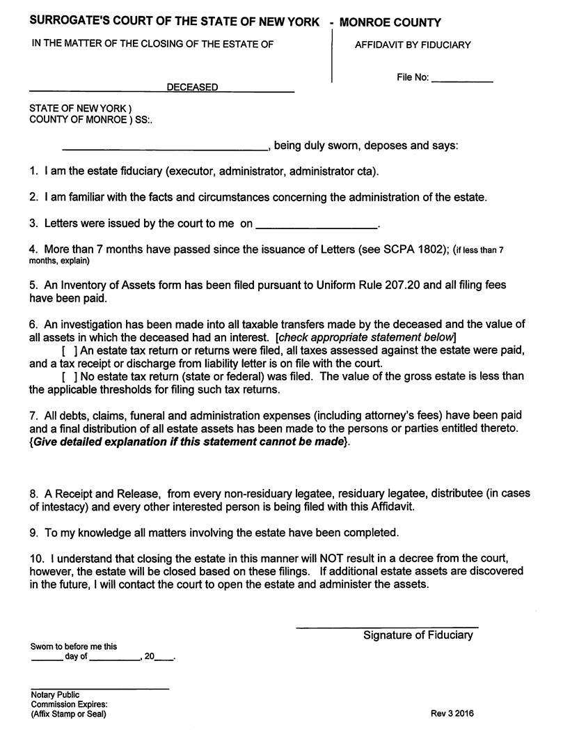Affidavit By Fiduciary (Estate Closing) | Pdf Fpdf Docx | New York