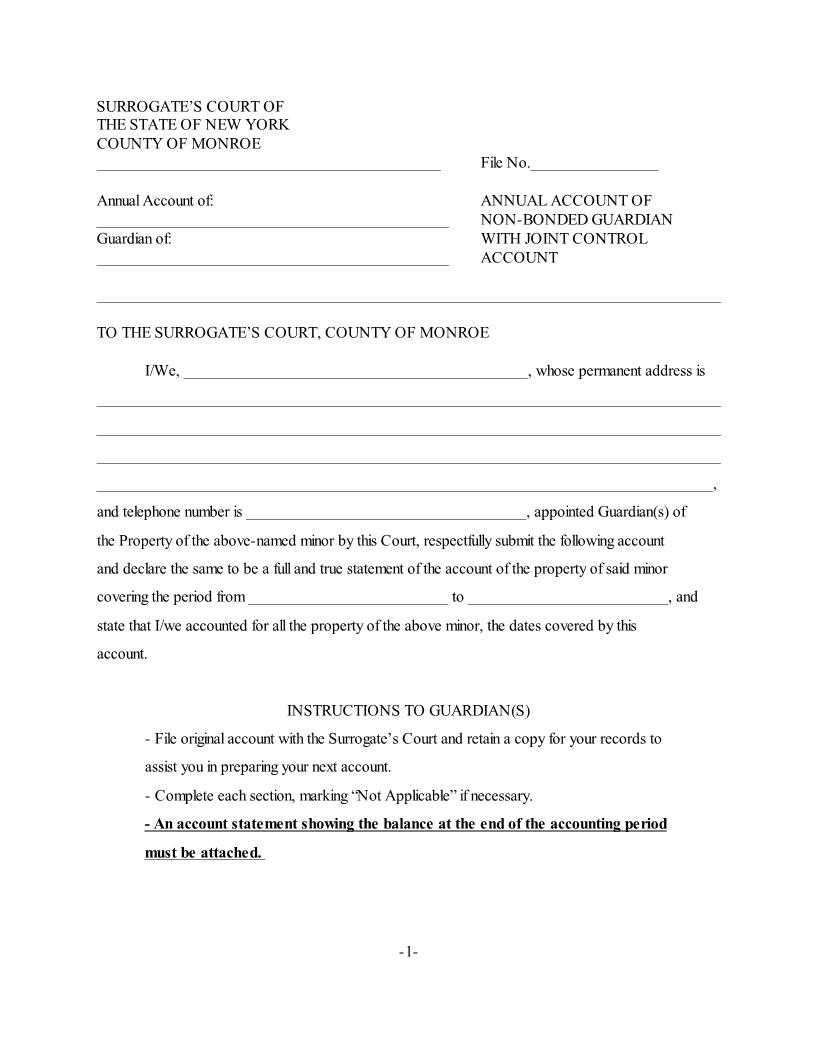 Annual Account Of Non-Bonded Guardian WIth Joint Control Account | Pdf Fpdf Docx | New York