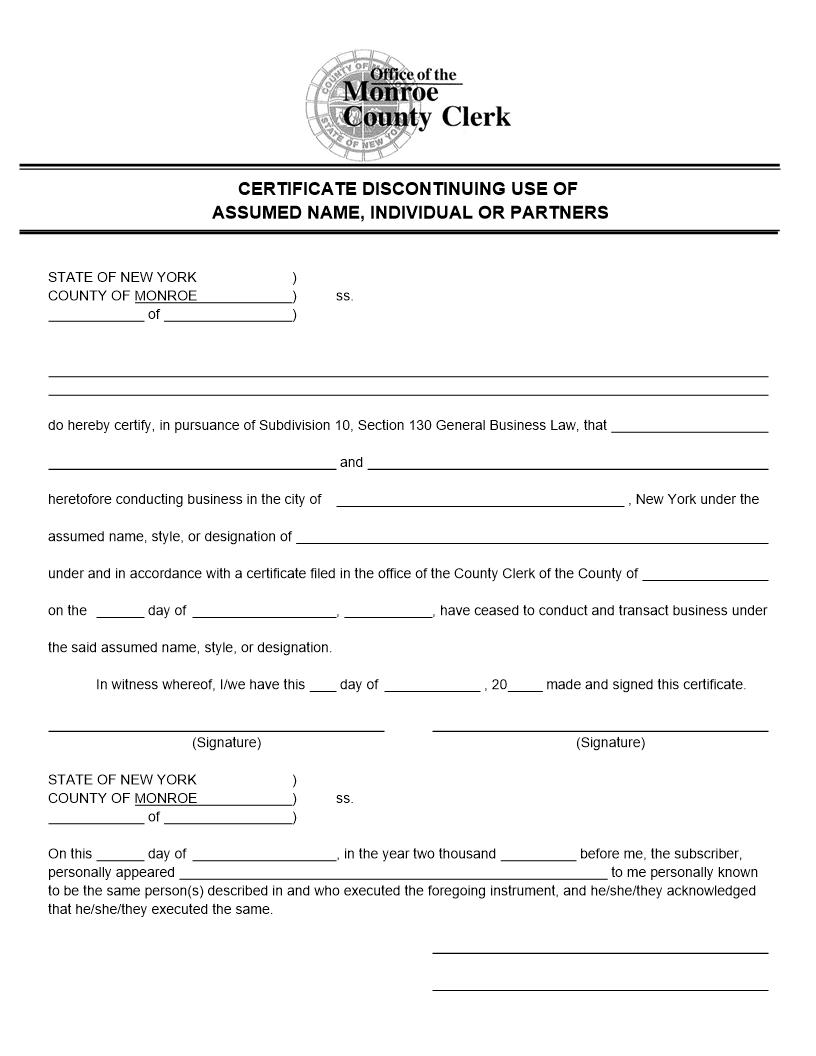 Certificate Discontinuing Use Of Assumed Name Individual Or Partners | Pdf Fpdf Docx | New York