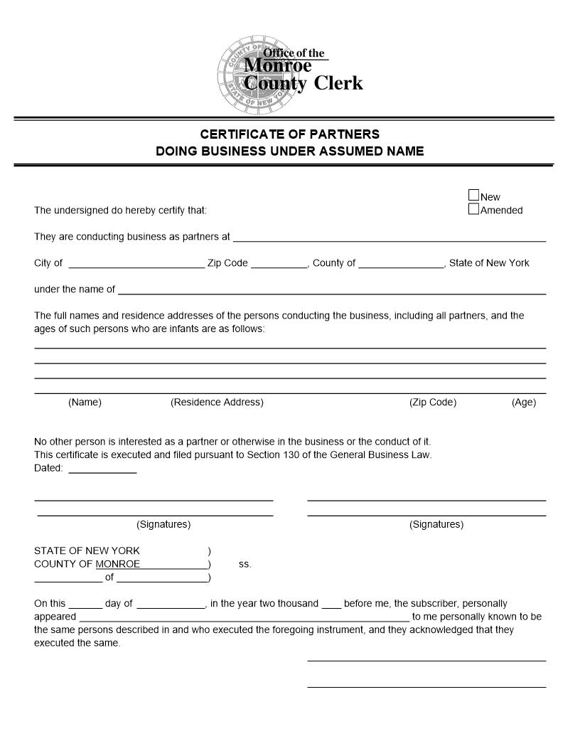 Certificate Of Partners Doing Business Under Assumed Name | Pdf Fpdf Docx | New York