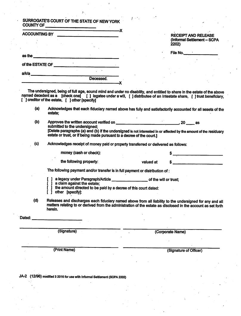 Receipt And Release (Informal Settlement - SCPA 2202) | Pdf Fpdf Docx | New York