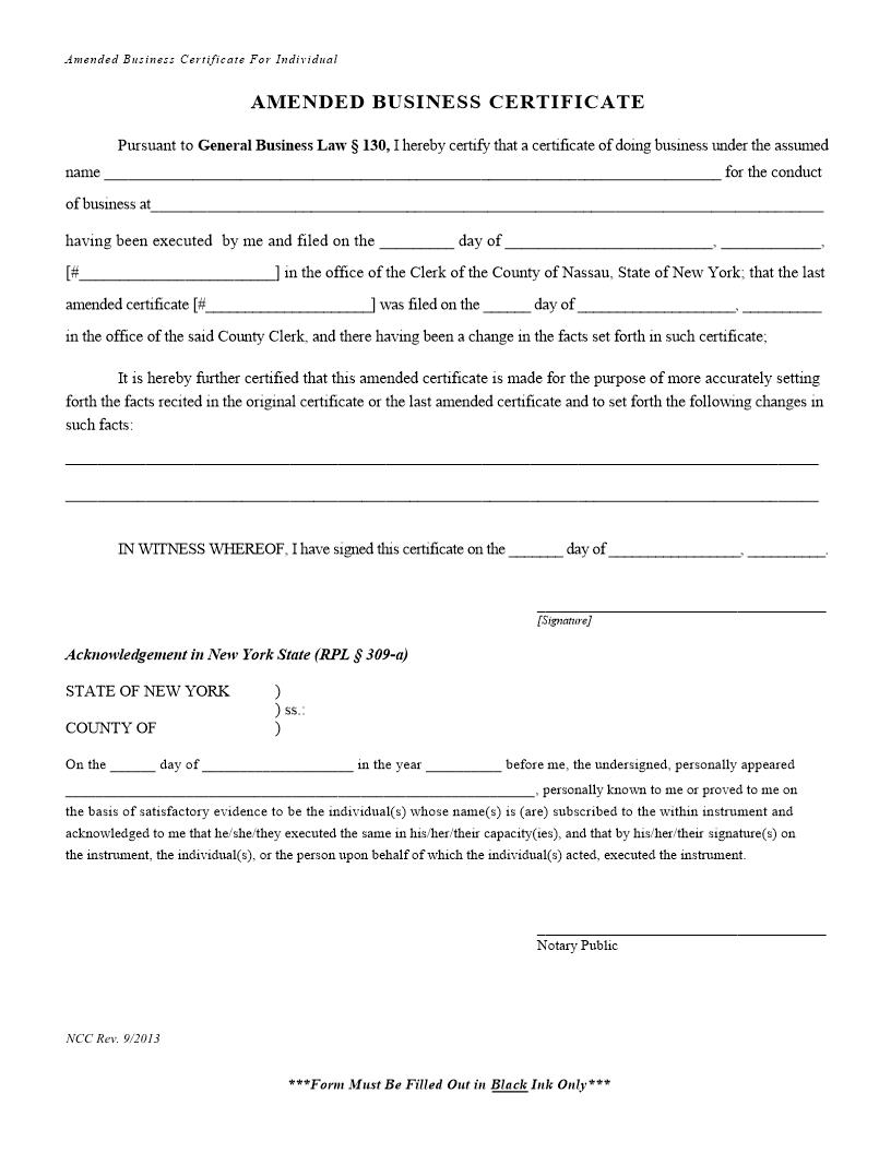 Amended Business Certificate (For Individual) | Pdf Fpdf Docx | New York