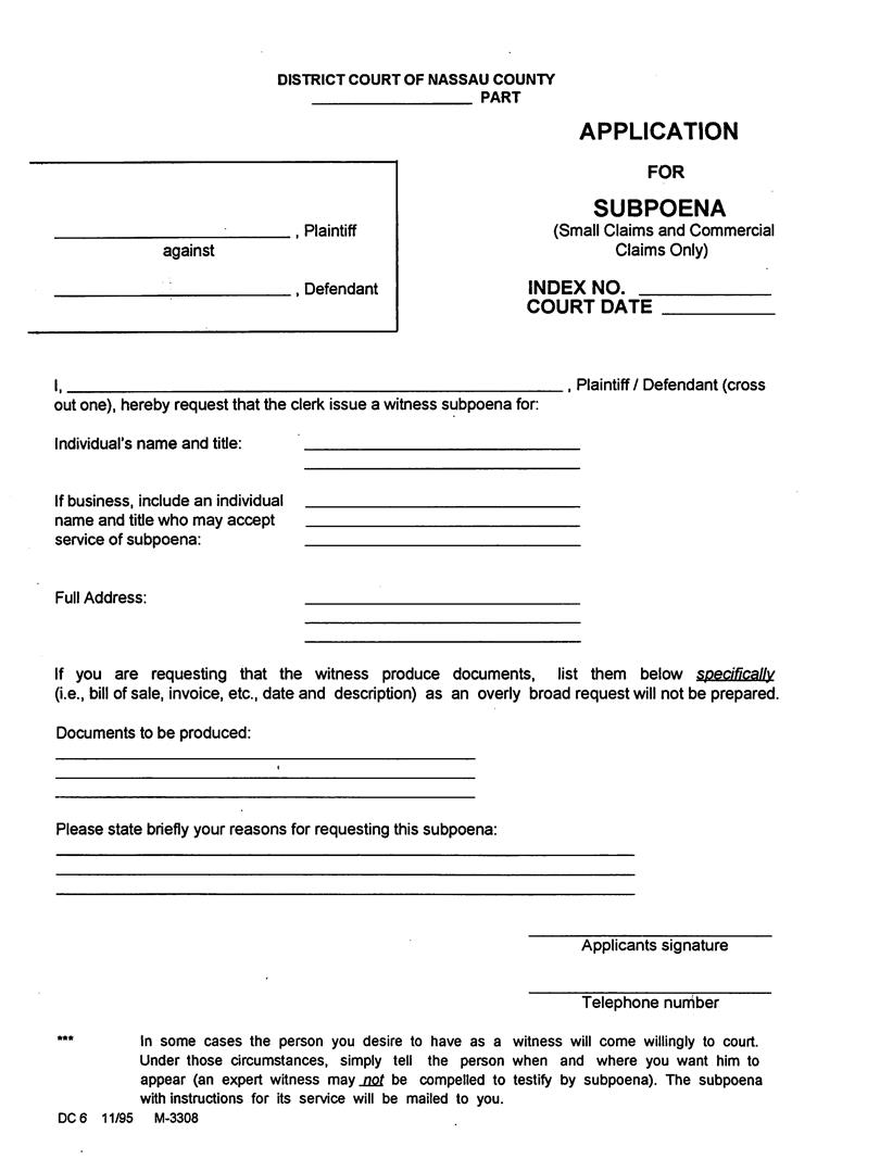 Application For Subpoena (Small Claims And Commercial Claims Only) | Pdf Fpdf Docx | New York