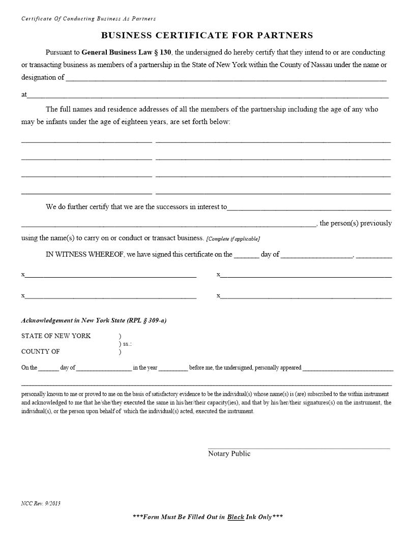 Business Certificate For Partners | Pdf Fpdf Docx | New York