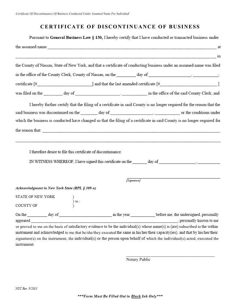 Certificate Of Discontinuance Of Business (Under Assumed Name For Individual) | Pdf Fpdf Docx | New York