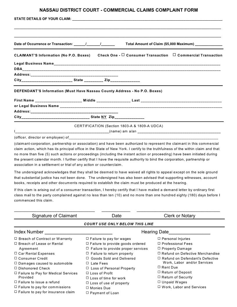 Commercial Claims Complaint Form | Pdf Fpdf Docx | New York