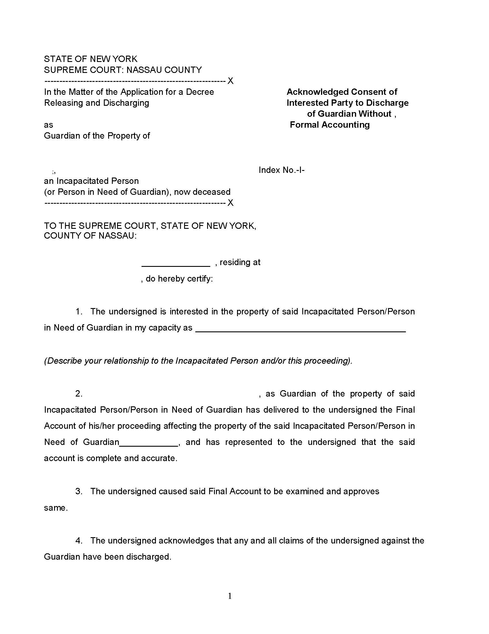 Acknowledged Consent Interested Party To Discharge Guardian Without Formal Accounting | Pdf Fpdf Docx | New York