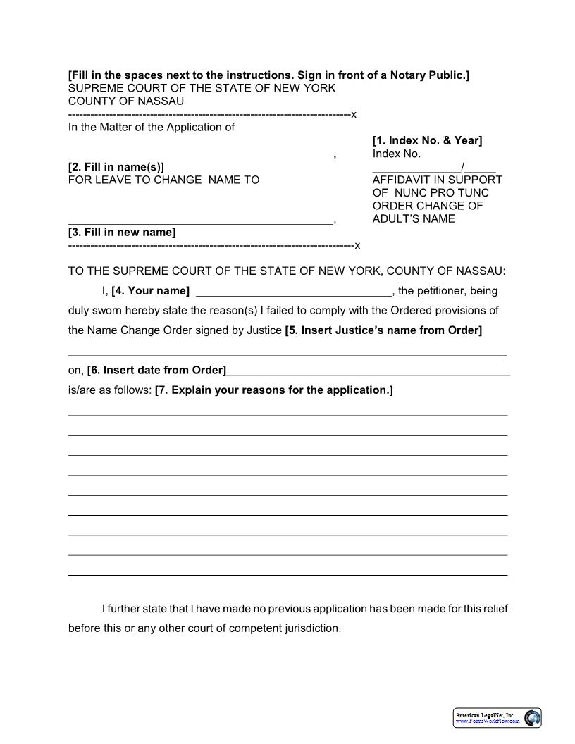 Affidavit In Support Of Nunc Pro Tunc Order Change Of Adults Name (Sample And Form) | Pdf Fpdf Docx | New York