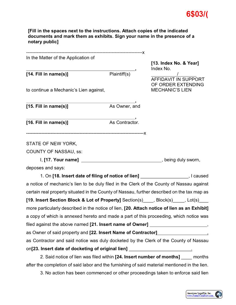 Affidavit In Support Of Order Extending Mechanics Lien (Sample And Form) | Pdf Fpdf Docx | New York