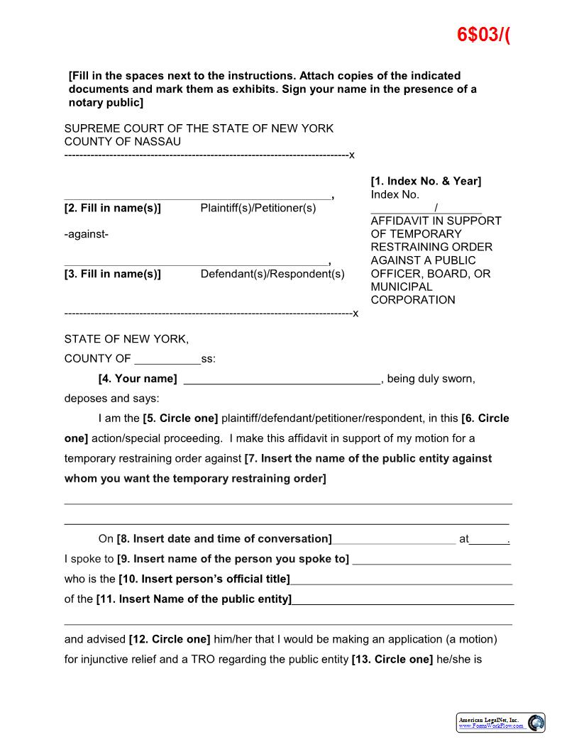 Affidavit In Support Of TRO Against Public Officer Board Or Municipal Corporation (Sample And Form) | Pdf Fpdf Docx | New York