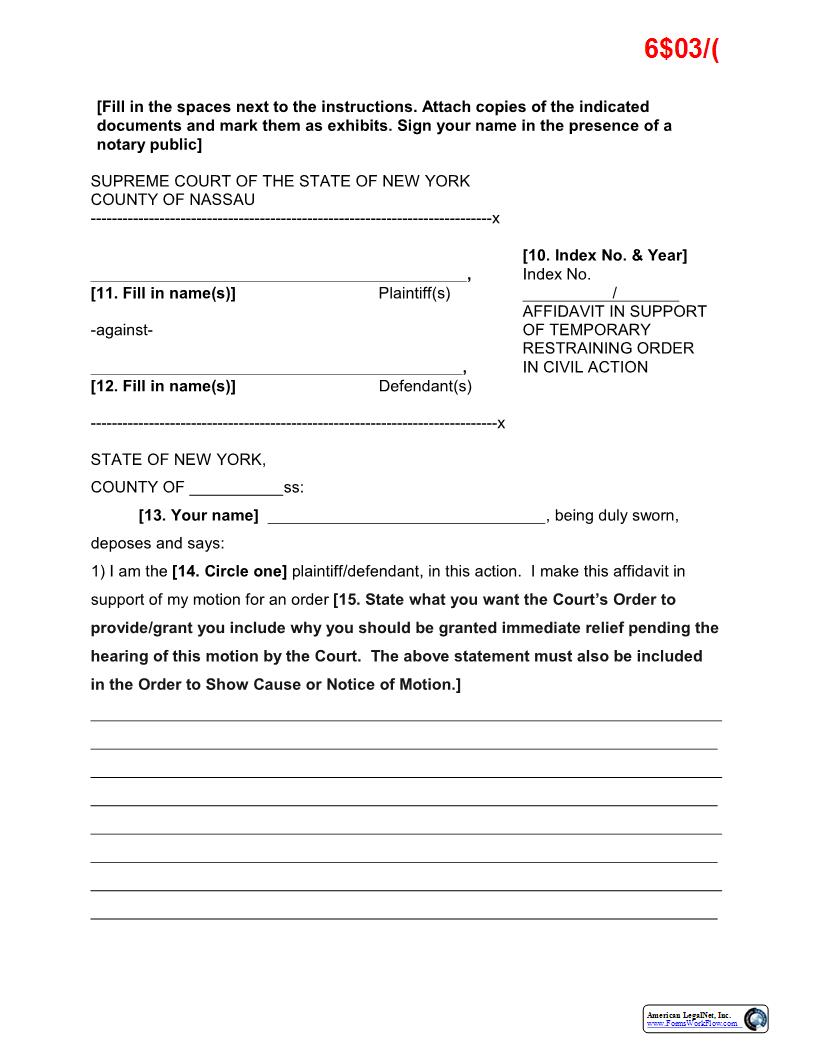 Affidavit In Support Of TRO In Civil Action (Sample And Form) | Pdf Fpdf Docx | New York