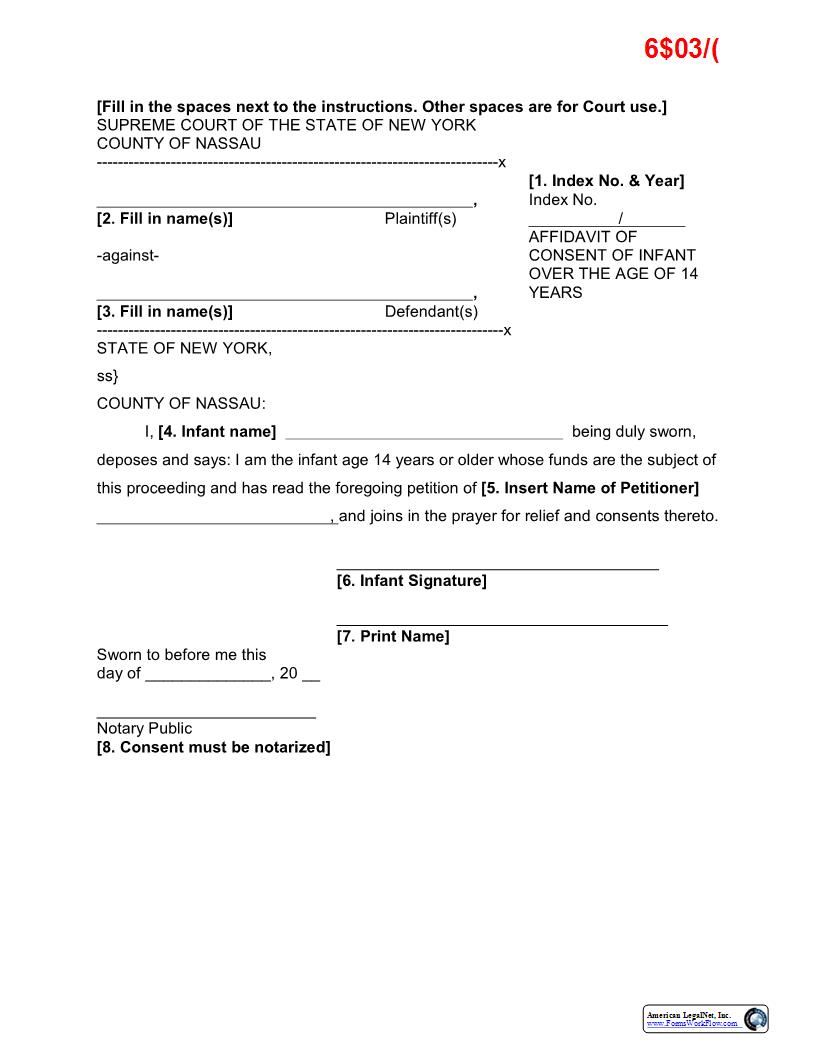 Affidavit Of Consent Of Infant Over 14 (Sample And Form) | Pdf Fpdf Docx | New York