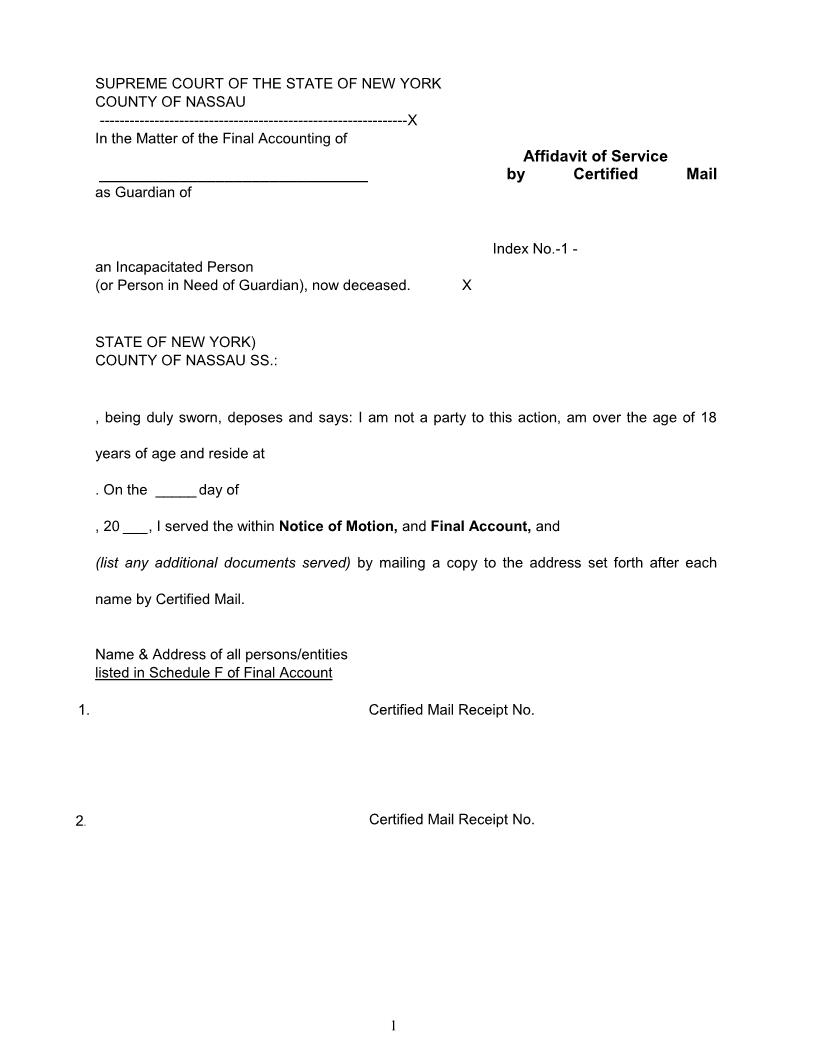 Affidavit Of Service By Certified Mail (Final Accounting Guardian Of Deceased Ward) | Pdf Fpdf Docx | New York