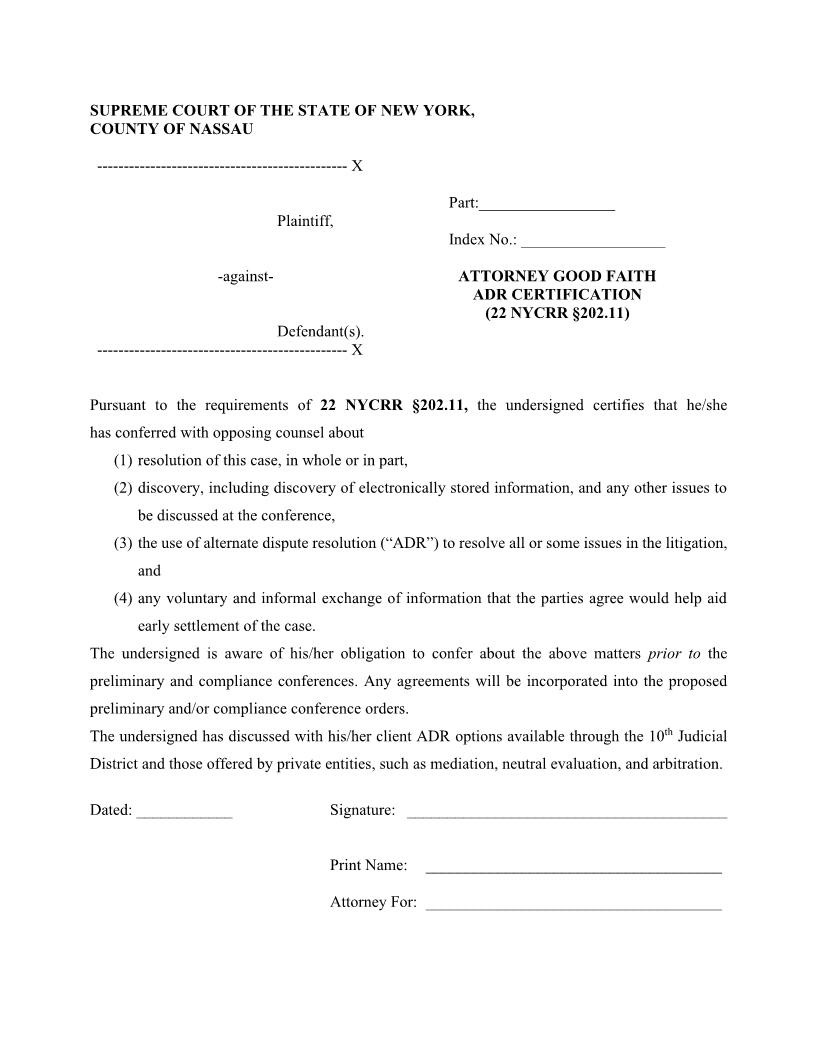 Attorney Good Faith ADR Certfication (22 NYCRR Section 202.11) | Pdf Fpdf Docx | New York