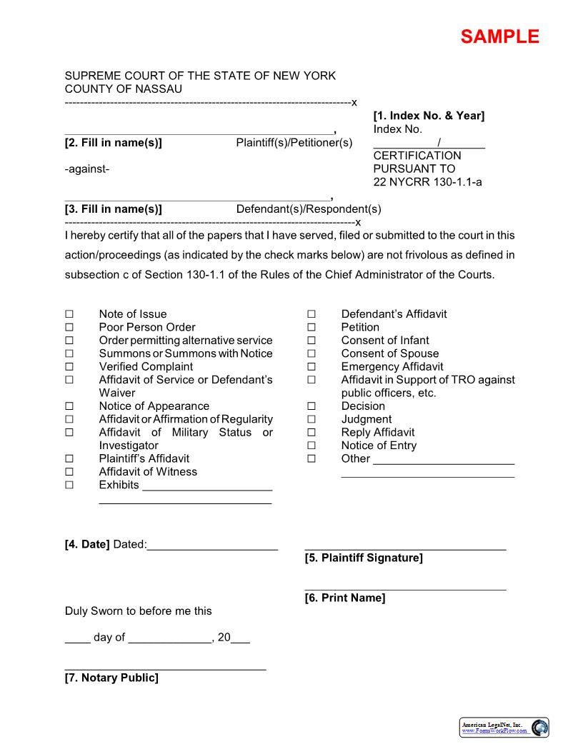 Certification Pursuant To 22 NYCRR 130.1.1-a (Sample And Form) | Pdf Fpdf Docx | New York
