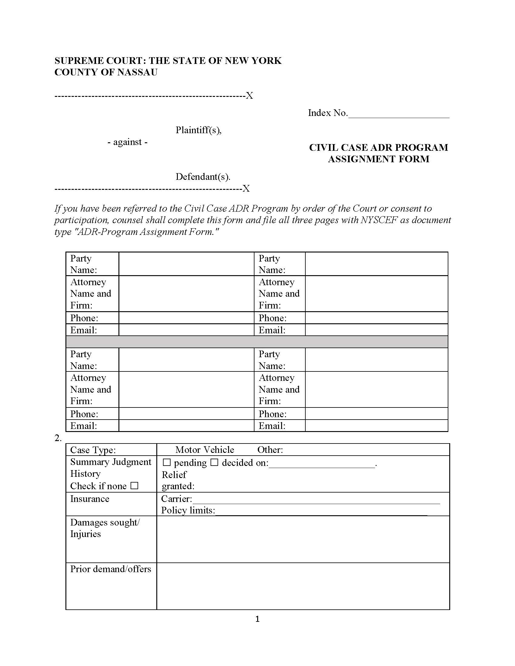 Civil Case ADR Program Assignment Form {Nas CCADRAF} | Pdf Fpdf Docx | New York