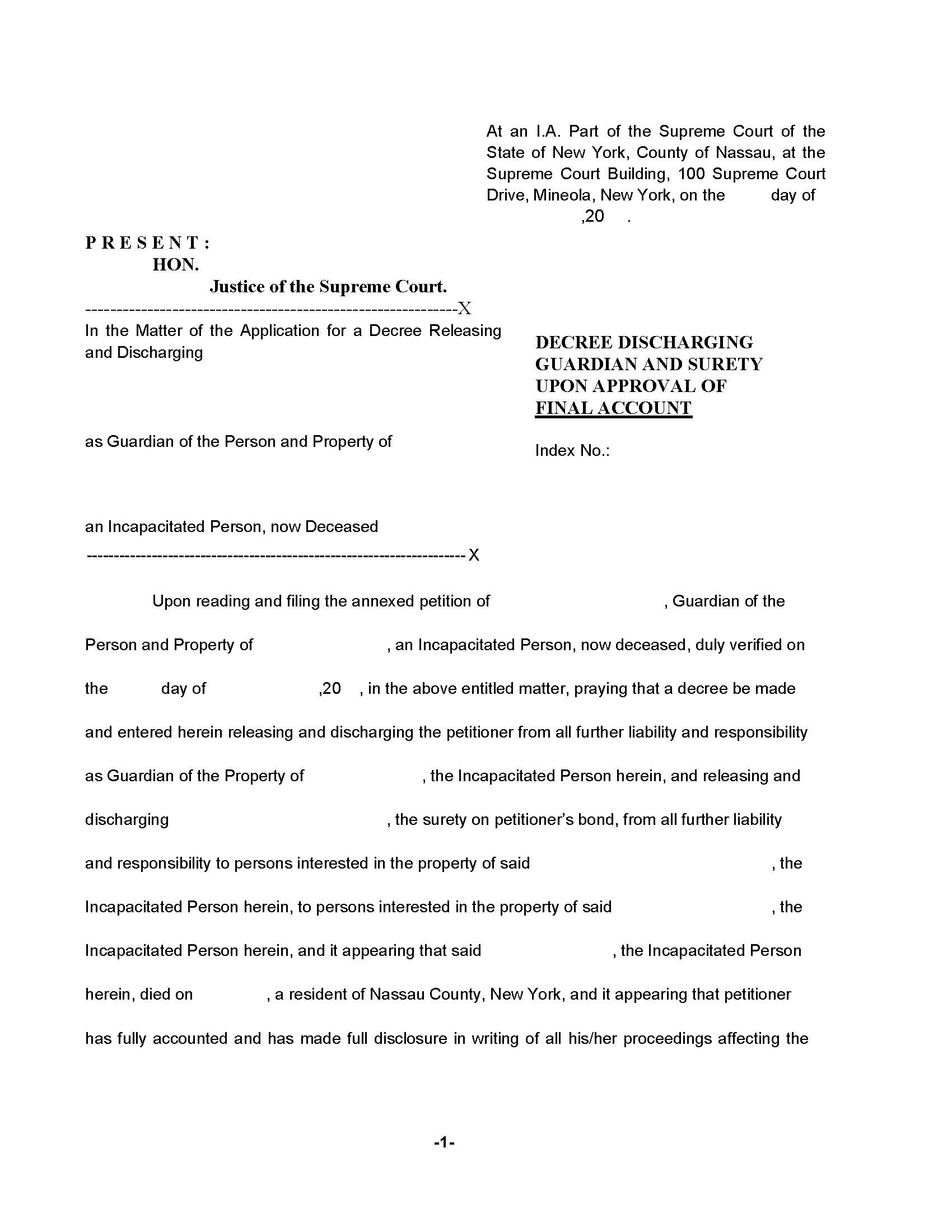 Decree Discharging Guardian Surety Upon Approval Final Account (Deceased Ward) | Pdf Fpdf Docx | New York