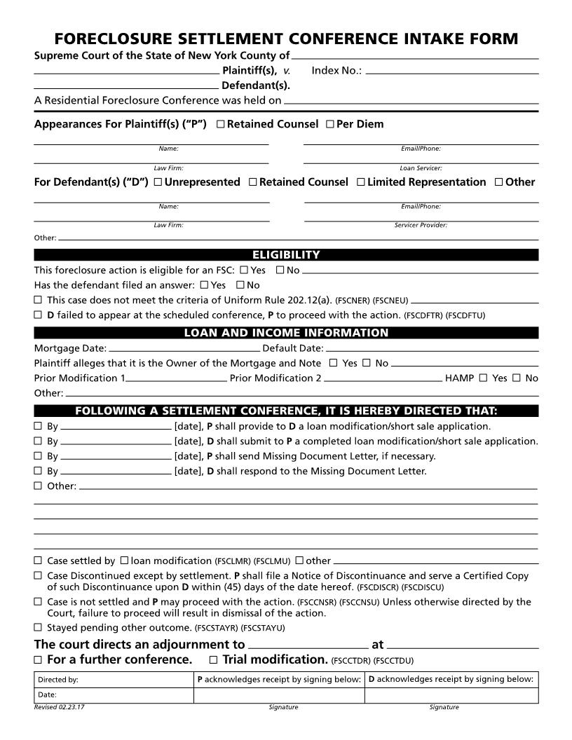 Foreclosure Settlement Conference Intake Form | Pdf Fpdf Docx | New York
