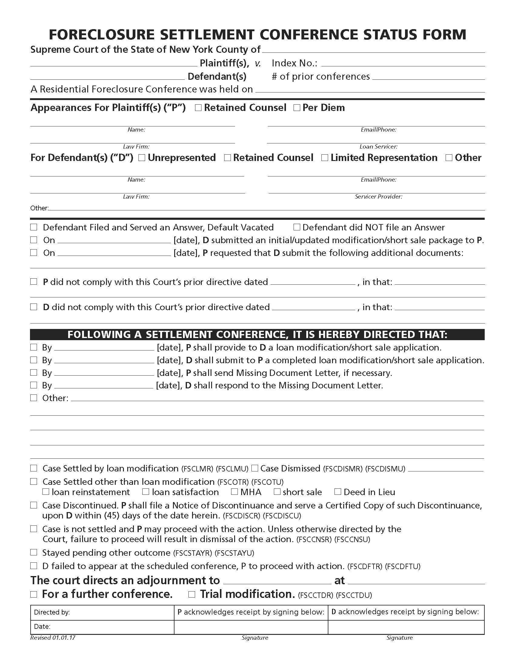 Foreclosure Settlement Conference Status Form | Pdf Fpdf Docx | New York