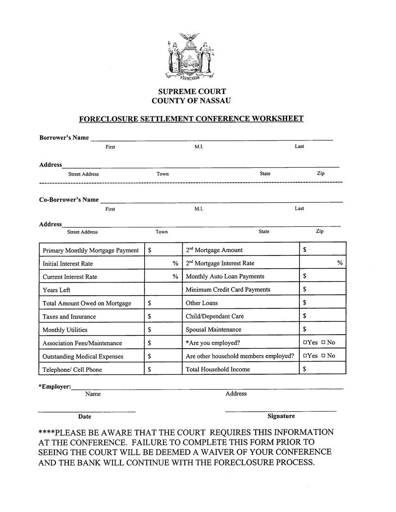 Foreclosure Settlement Conference Worksheet | Pdf Fpdf Docx | New York